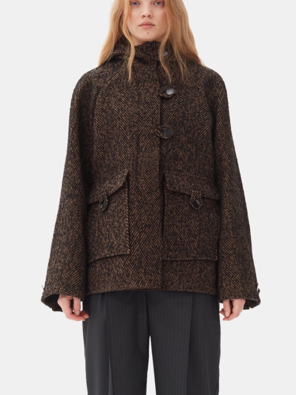 GANNI Herringbone Wool Midi Jacket